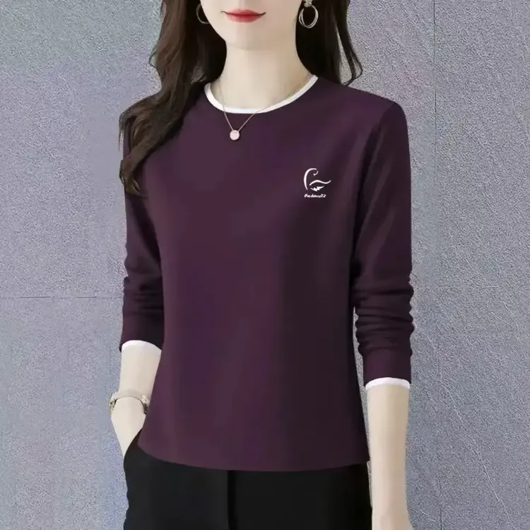新藏青色棉质设计感秋冬长袖t恤女士新款飞字母印花洋气正肩上衣