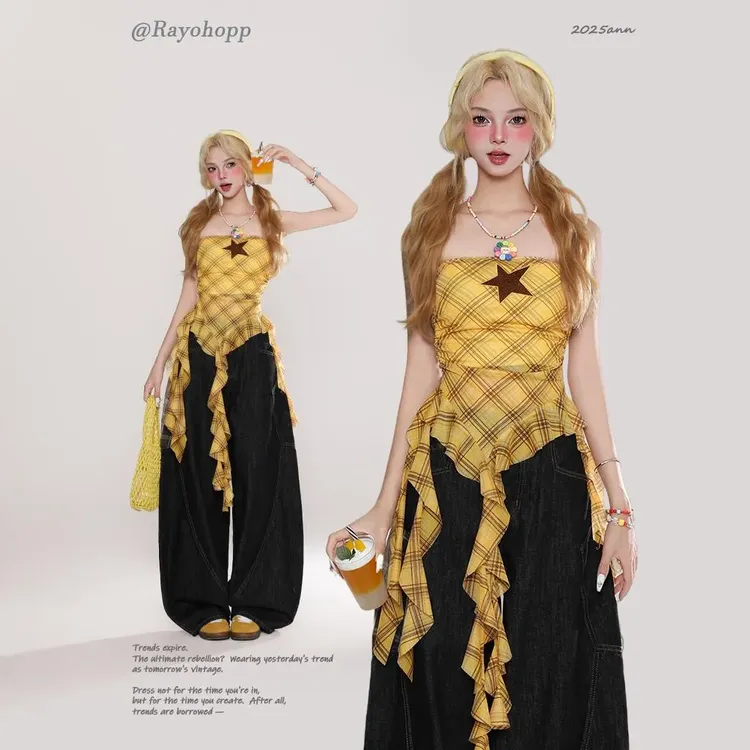 Rayohopp美式星星刺绣格纹不规则抹胸背心女夏季新款辣妹显瘦上衣