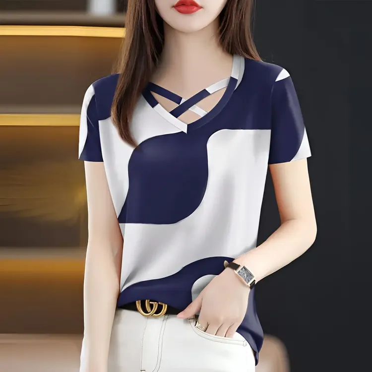 交叉领显瘦上衣女2025新款夏减龄女士短袖百搭遮肚妈妈装打底衫女