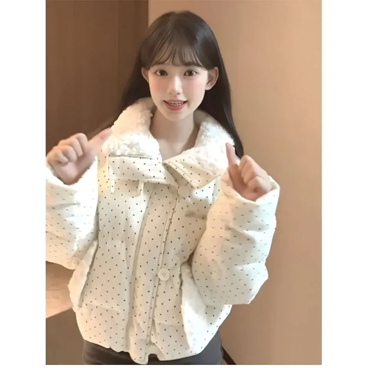 韩系甜美风波点毛领羽绒外套棉服2025秋冬季宽松加厚保暖羽绒棉服