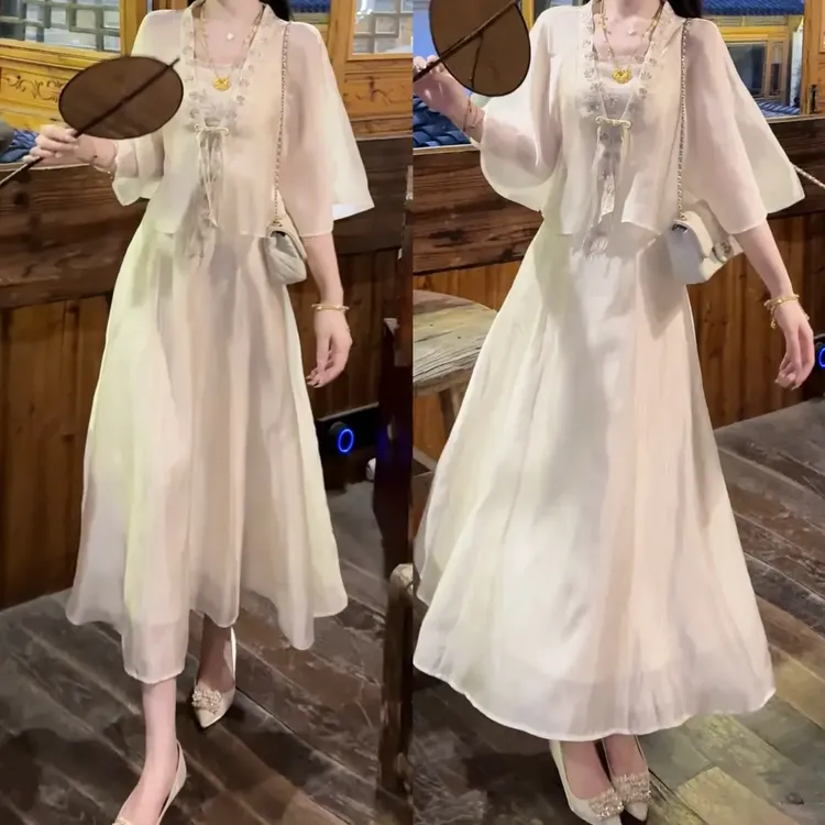 《忆江南•刺绣盘扣》开衫上衣刺绣显瘦三层面料吊带连衣裙子新款女