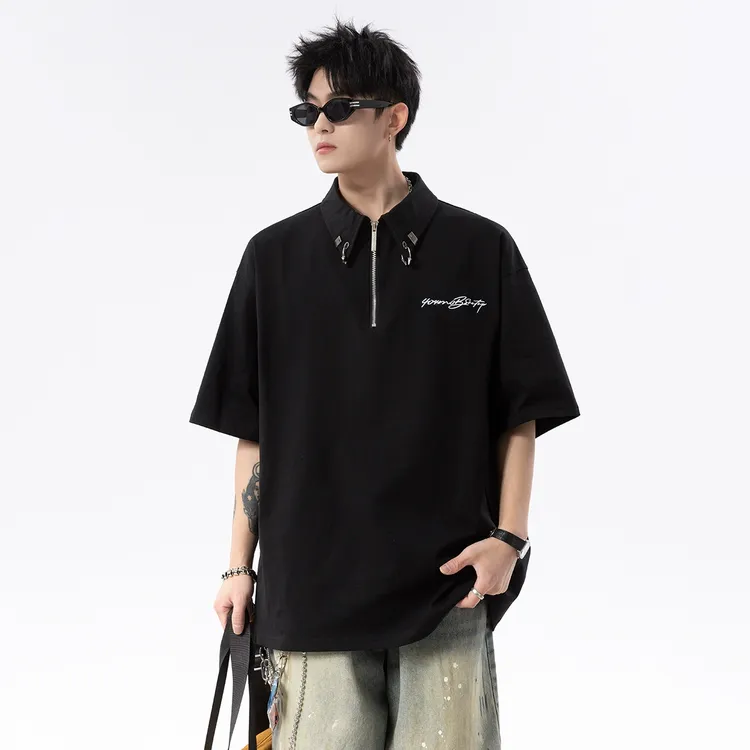 V37美式刺绣Polo衫男2025夏季新款短袖t恤高街宽松休闲五分袖体恤
