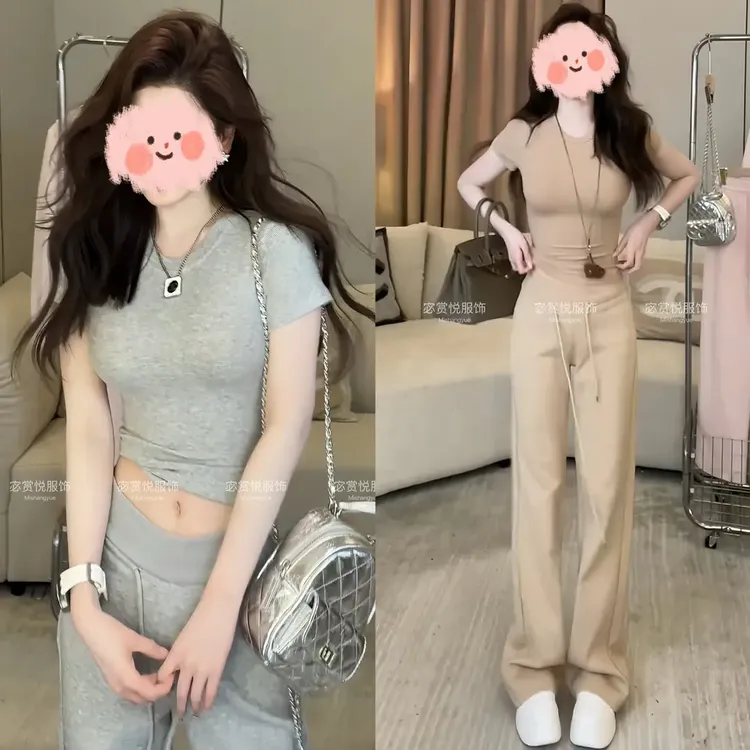 春季时尚套装女2025新款洋气修身显瘦短袖T恤阔腿裤两件套韩版潮