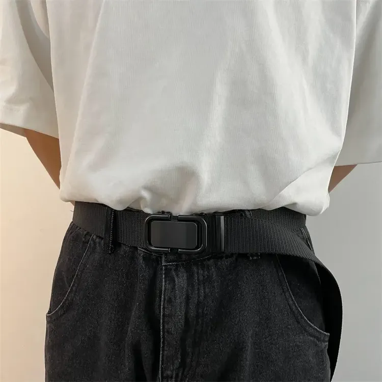 新款自动扣尼龙帆布腰带男女户外软面耐磨军训多功能简约皮带松紧