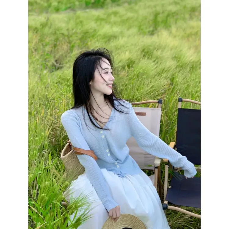 法式上衣冰丝领薄纱针织防晒开衫女夏季披肩蓝色配裙子外搭罩衫