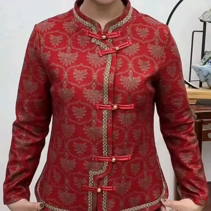 秋冬复古中老年加绒立领凤尾花盘扣旗袍开衫保暖上衣