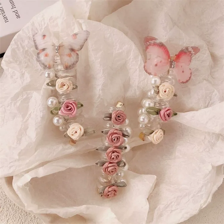 2025新款珠珠蝴蝶花朵电话线发圈泡泡辫马尾弹高头绳皮筋扎头发