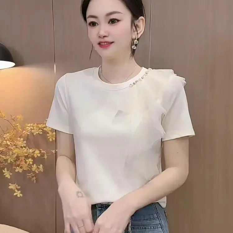 法式气质短袖T恤字母拼接钉珠减龄休闲小众修身女性上衣