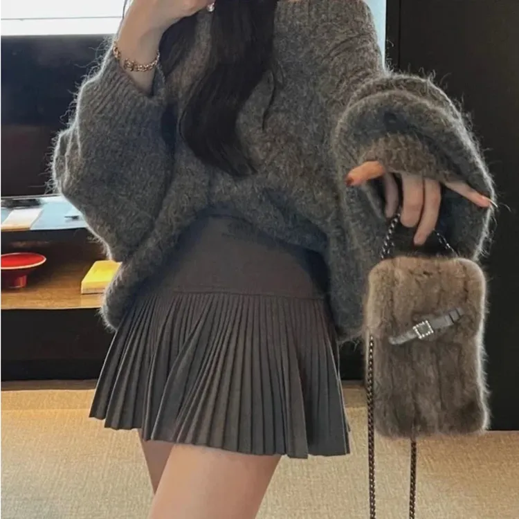 毛呢百褶裙呢料短裙灰色防走光A字半身裙女秋冬百搭灰色高腰裙子