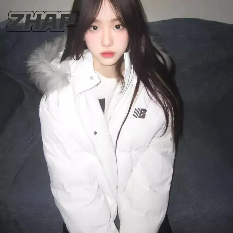 韩系慵懒风毛茸茸毛领连帽棉服女秋冬加厚保暖棉衣外套通勤