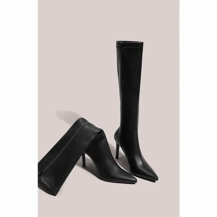 2025秋冬季新款不过膝高跟靴长筒靴百搭拉链款黑色皮面长靴尖头靴