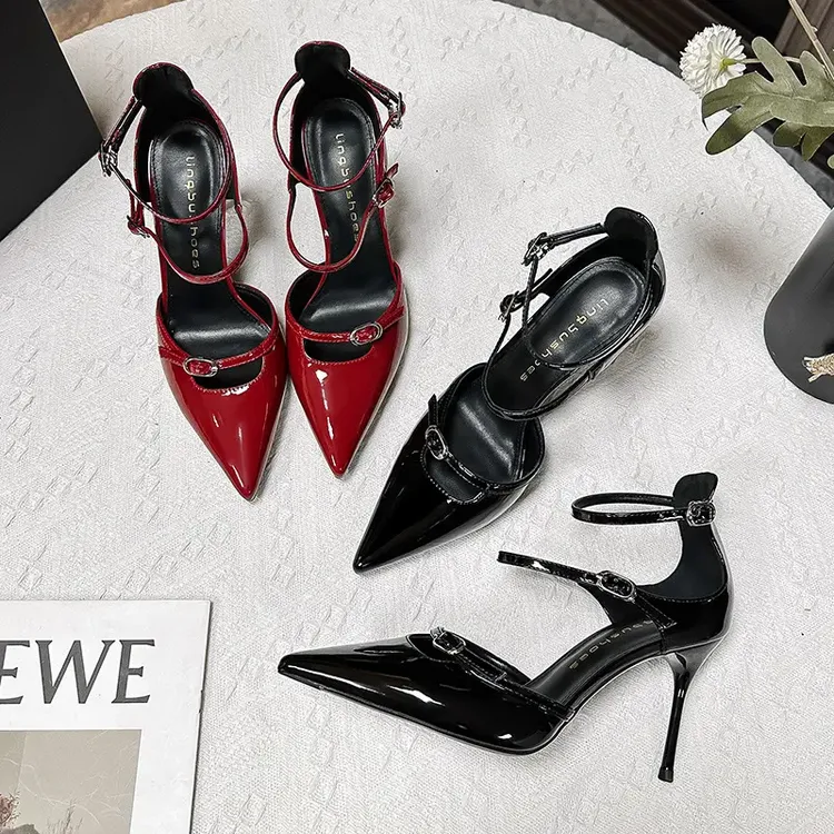 欧若风法式尖头高跟鞋女2025新款绝美女神中空一字带凉鞋漆皮单鞋
