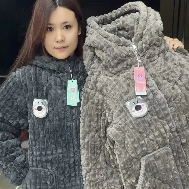 三层夹棉加绒情侣睡衣套装可外穿可居家秋冬季家居服男士