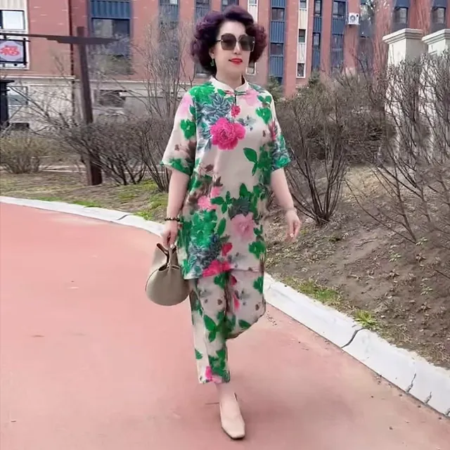 2025夏季轻薄款宽松中长款上衣中年妈妈装牡丹花色时尚套装两件套