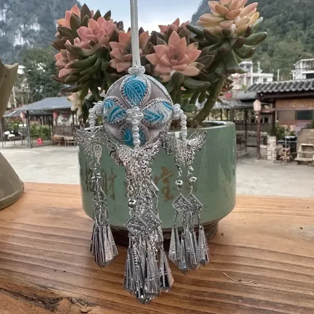 广西壮族纯手工非遗壮锦绣球定情信物挂饰配饰伴手礼>蓝色4公分