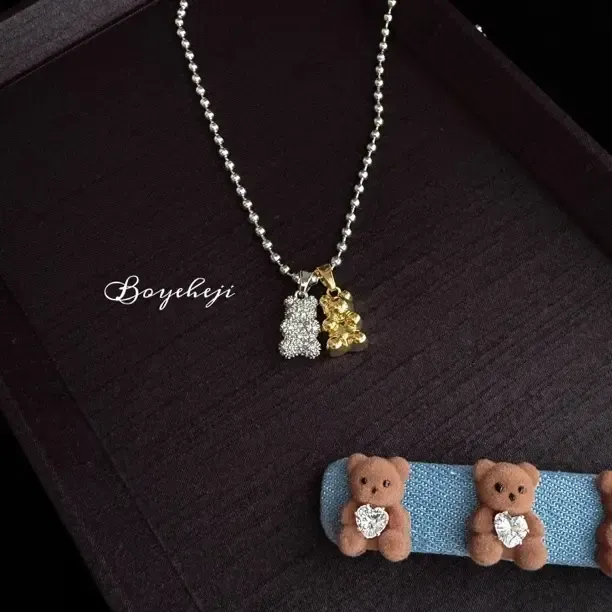 钛钢项链 钛钢链子微镶锆石小熊吊坠项链ins小众设计感