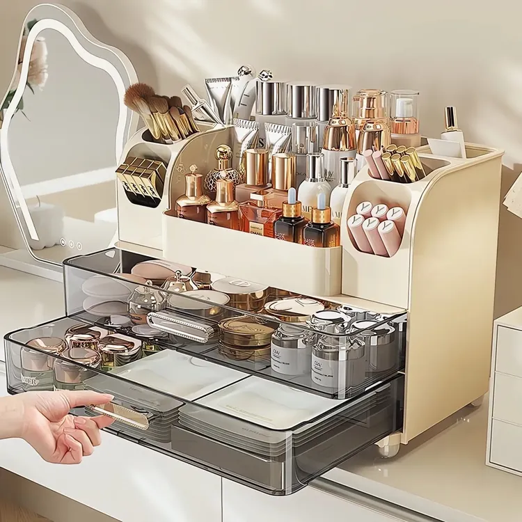 俏洁化妆品收纳架桌面高级感抽屉式梳妆台护肤品口红化妆刷置物架