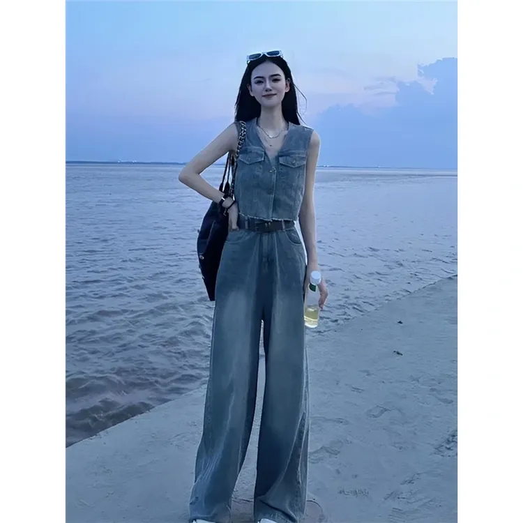 复古做旧牛仔套装女短款两粒扣无袖背心上衣+高腰百搭显瘦阔腿裤
