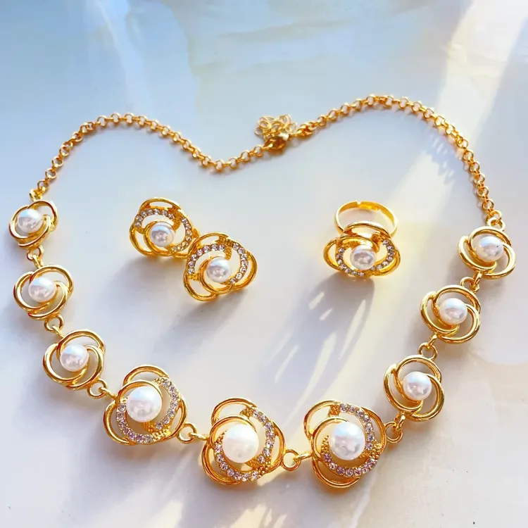 钛钢项链 钛钢仿珍珠项链 个性玫瑰花珠珠套装