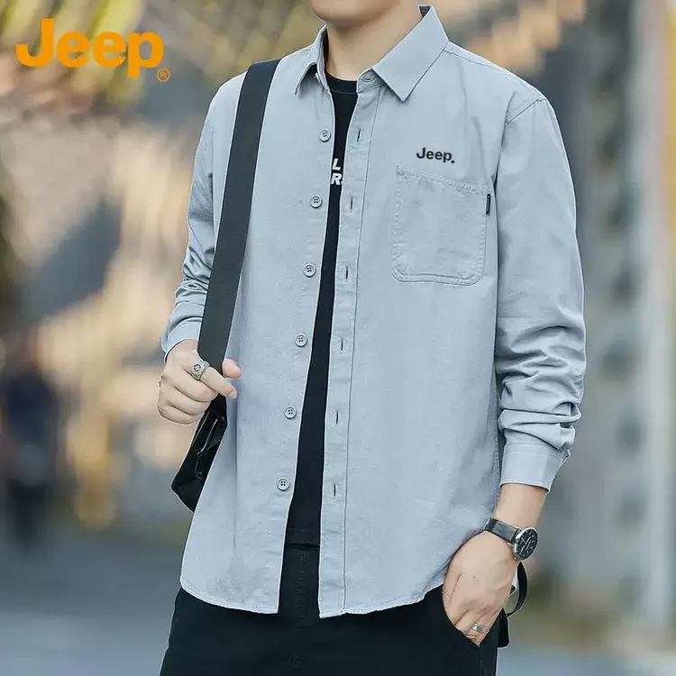 Jeep吉普纯棉长袖衬衫男士春秋季新款潮牌休闲工装衬衣外套男上衣