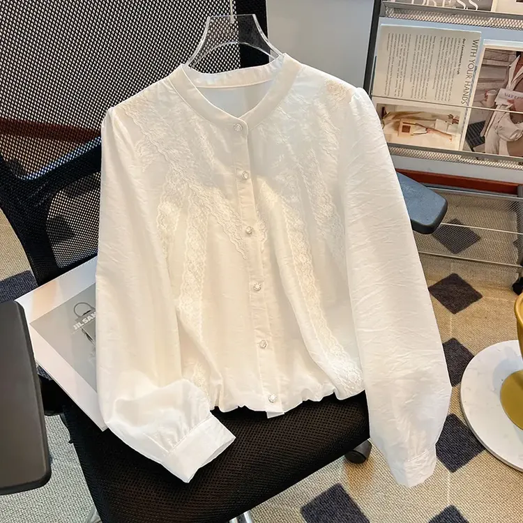 拉夏贝尔法式白衬衫女高级感春夏季2025新款蕾丝花边短袖小衫上衣