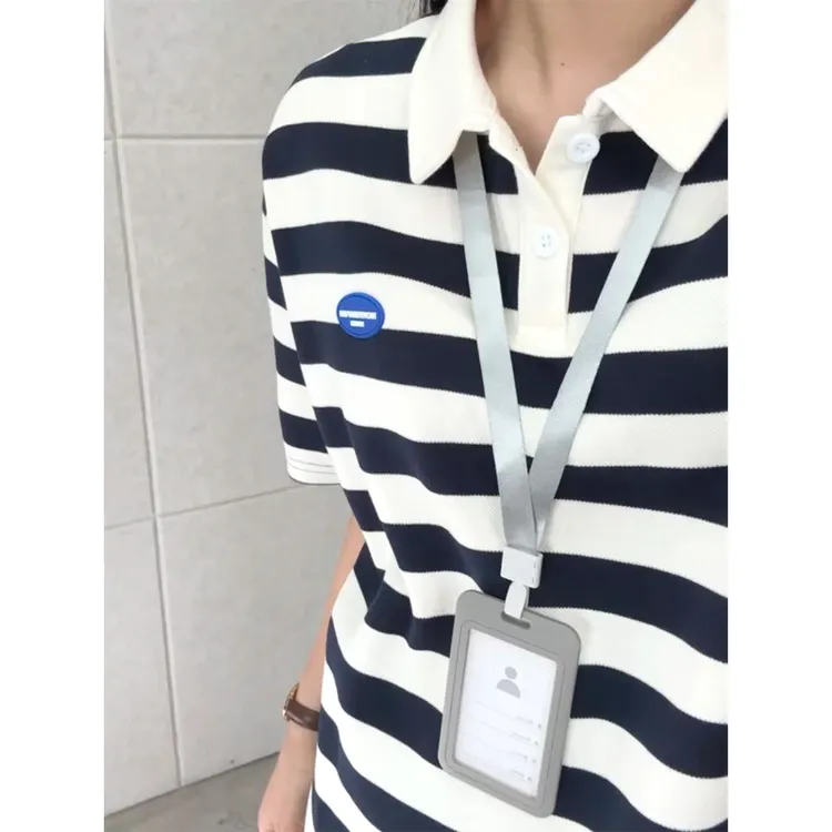 藏青色日系条纹polo衫短袖男潮牌学院风情侣装翻领t恤美式半截袖