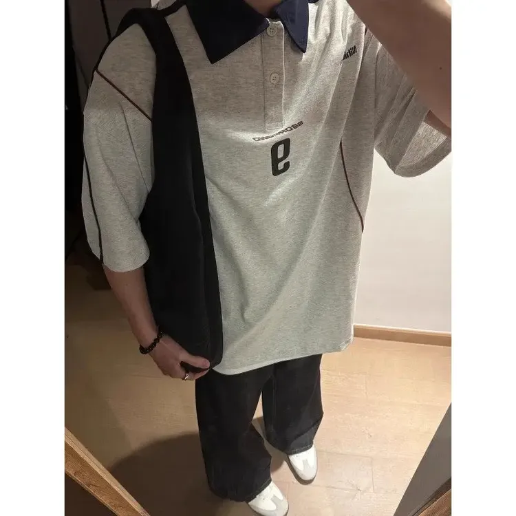 浅灰色翻领polo衫短袖男夏季篮球运动冰球服T恤情侣设计感半截袖