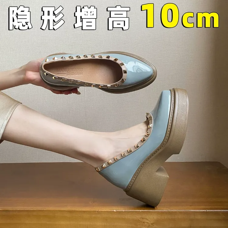 10CM小个子内增高铆钉尖头单鞋女浅口一脚蹬小皮鞋配裙子玛丽珍鞋