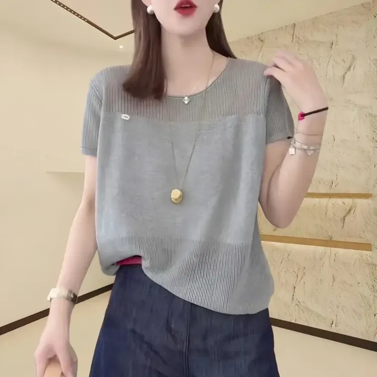 2025夏季新款休闲简约纯色百搭修身显瘦宽松洋气时尚薄款上衣T恤