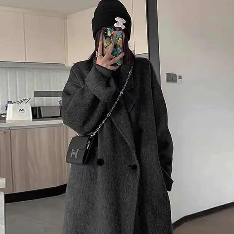 冬季韩版宽松中长款双面毛呢大衣女高级感