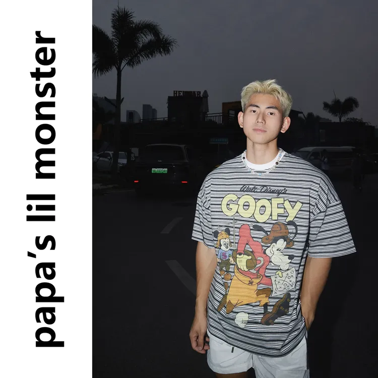 PAPASLILMONSTER美式复古趣味卡通印花条纹短袖T恤男宽松圆领上衣