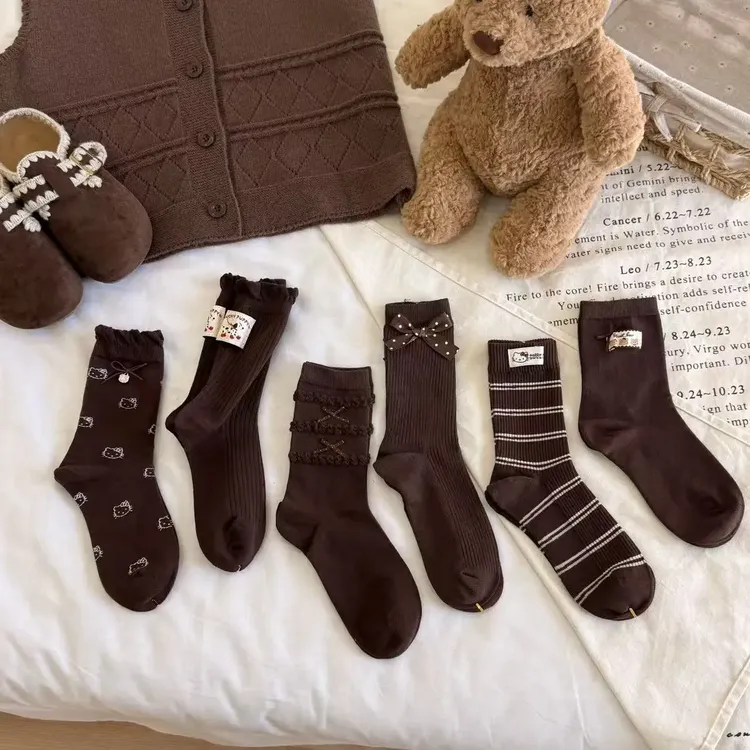 咖色蝴蝶结中筒堆堆袜女秋季美拉德风时尚百搭棉袜袜子中筒袜秋冬