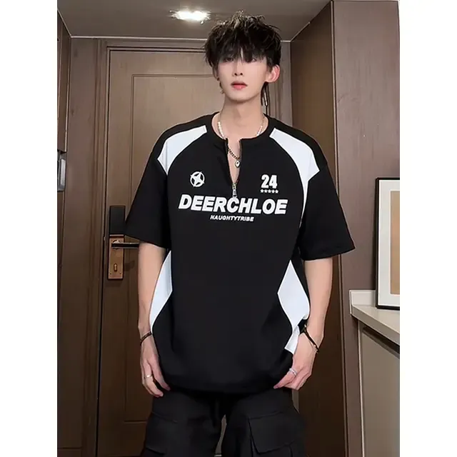 黑色半拉链正肩T恤男生穿搭机车服短袖美式高街vibe冰球服5分半袖