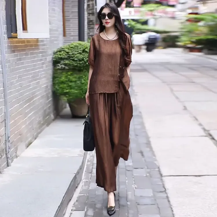 H夏季新款垂坠阔腿裤高档两件套阔太太轻奢洋气休闲高级感套装