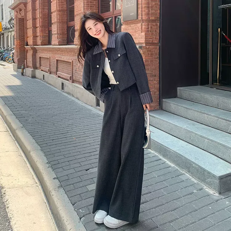 高级感小香风套装女2025春季新款韩系气质西装短外套阔腿裤两件套