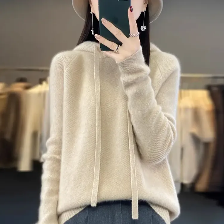 秋冬毛衣加厚保暖宽松女简约百搭连帽内外穿舒适纯羊绒新款针织衫