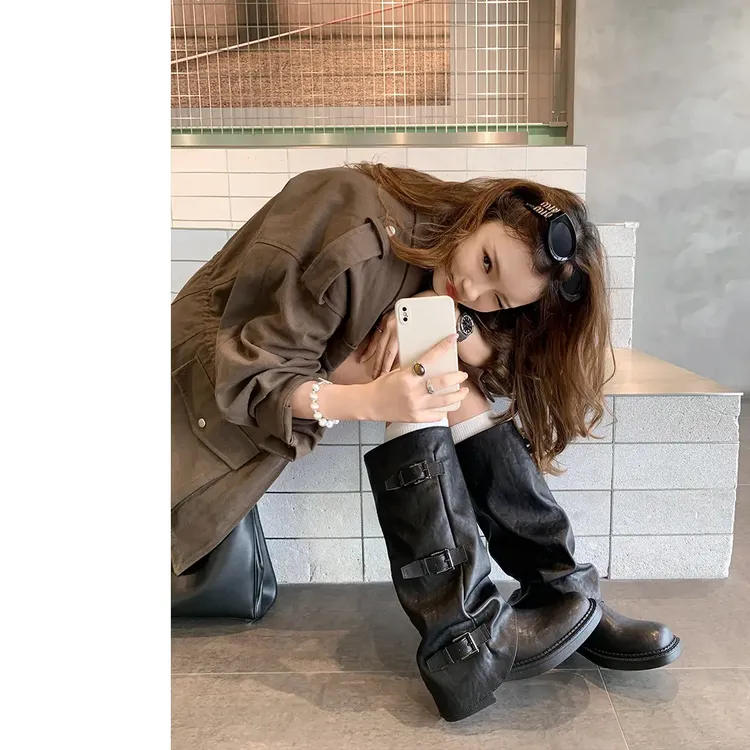 【苏茵茵】辣妹裤管靴~6.5cm增高扣带中筒西部女堆堆短靴E5319028