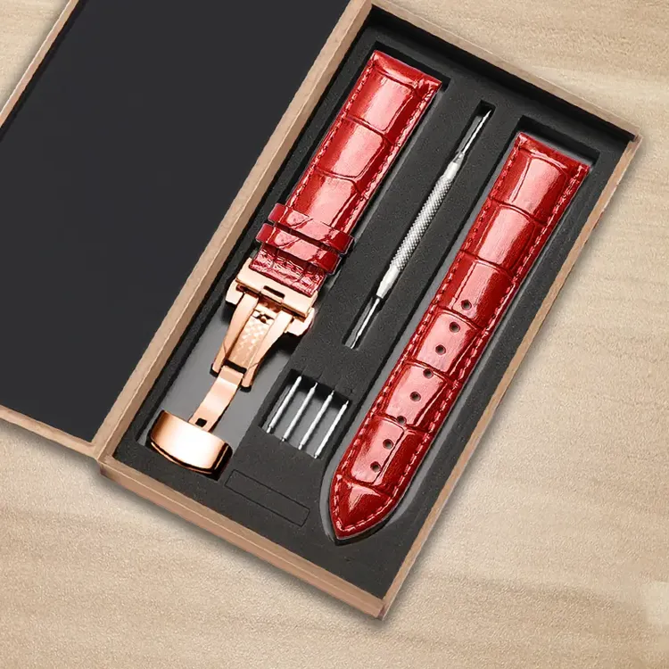 真皮手表带女蝴蝶扣原装红色表链代用dw天梭天王罗西尼四叶草表带