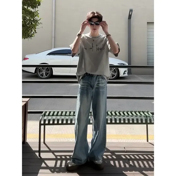 pansk闪电波纹冰蓝牛仔裤男秋冬款高腰显瘦裤子美式直筒弯刀裤潮