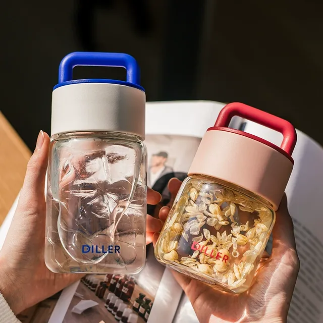 高颜值刻度玻璃杯带盖2023新款便携小巧杯子男女士夏季耐高温水杯