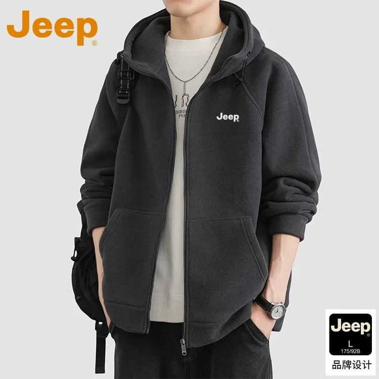 JEEP吉普双面摇粒绒连帽开衫卫衣男款2025新款秋季刺绣夹克外套男