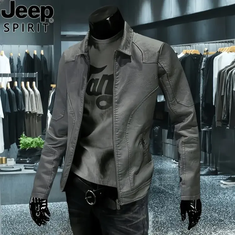 JEEPSPIRIT吉普皮衣韩版潮流轻薄冬季机车服翻领皮夹克外套男修身