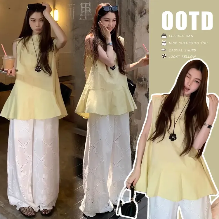 洋气孕妇装夏装套装2025年新款木耳边娃娃衫上衣搭配蕾丝阔腿裤子