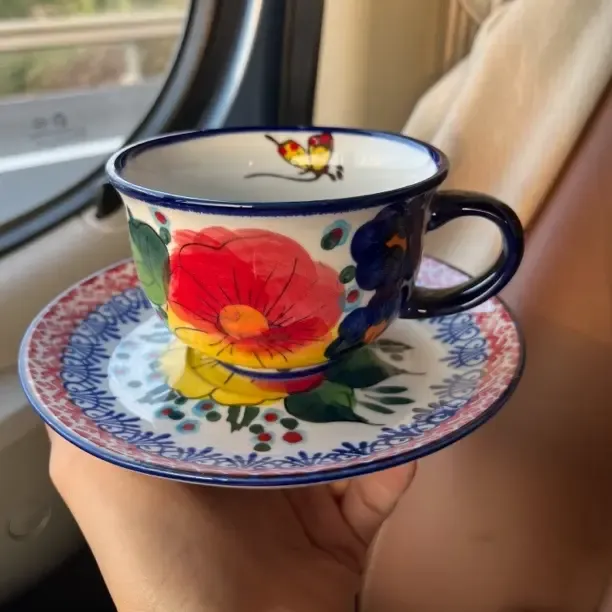 手绘高温陶瓷早餐杯咖啡杯碟套装适合下午茶养生茶