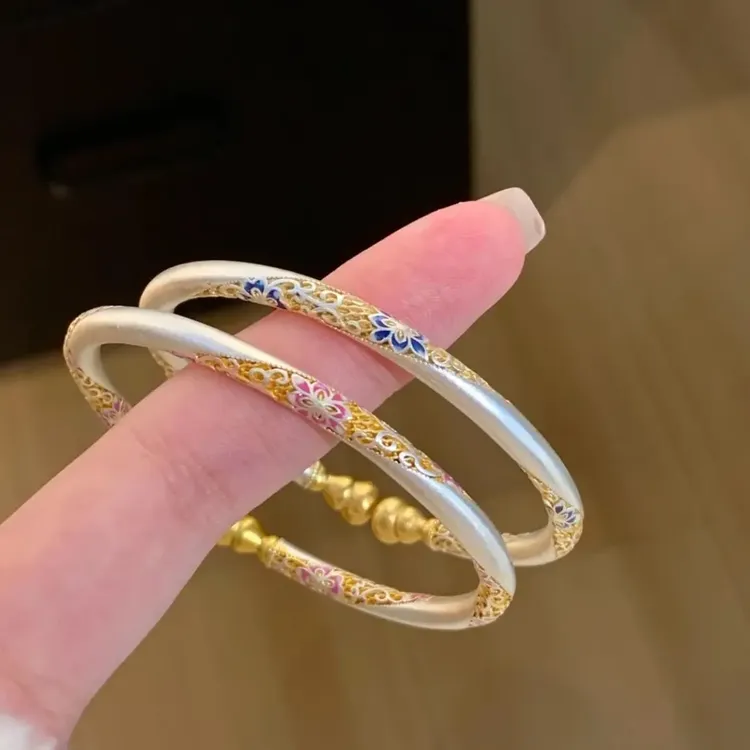 足银手镯 葫芦繁花纯银手镯足银999描金珐琅彩开口实心足银手镯
