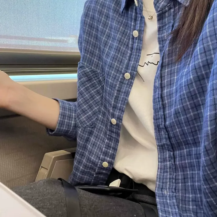 双层棉纱~韩系蓝色格子衬衫上衣女2025春季新款宽松别致衬衣