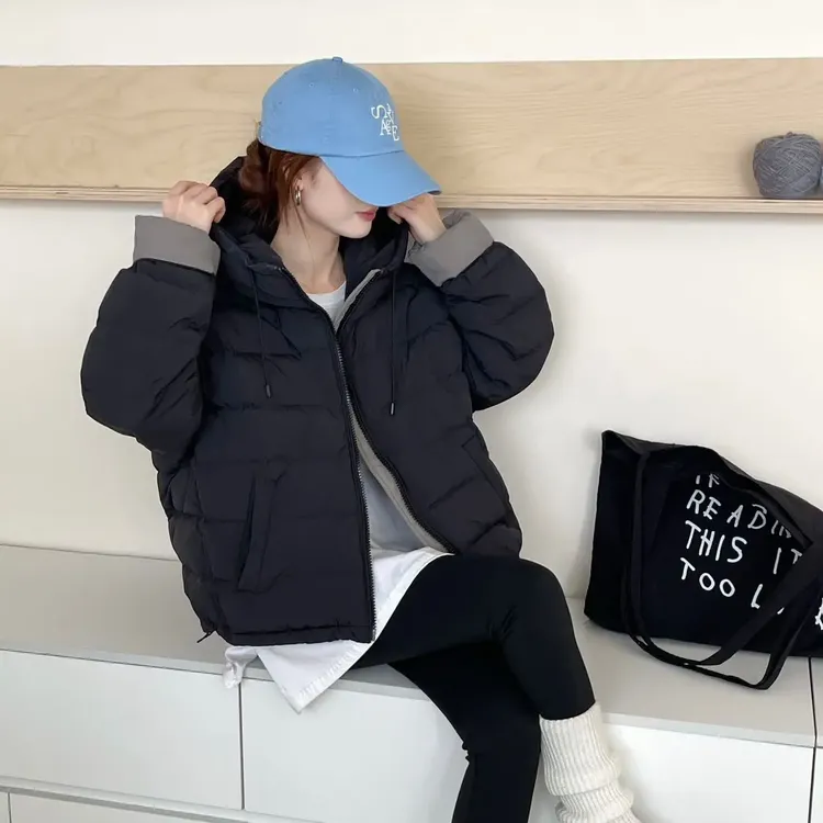 女冬季韩系连帽撞色加厚白鸭绒百搭保暖显瘦设计感外套