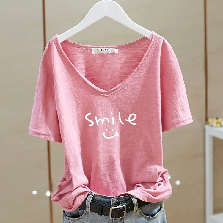 竹节棉V领大码t恤女短袖2025夏季新款潮宽松休闲印花字母打底上衣