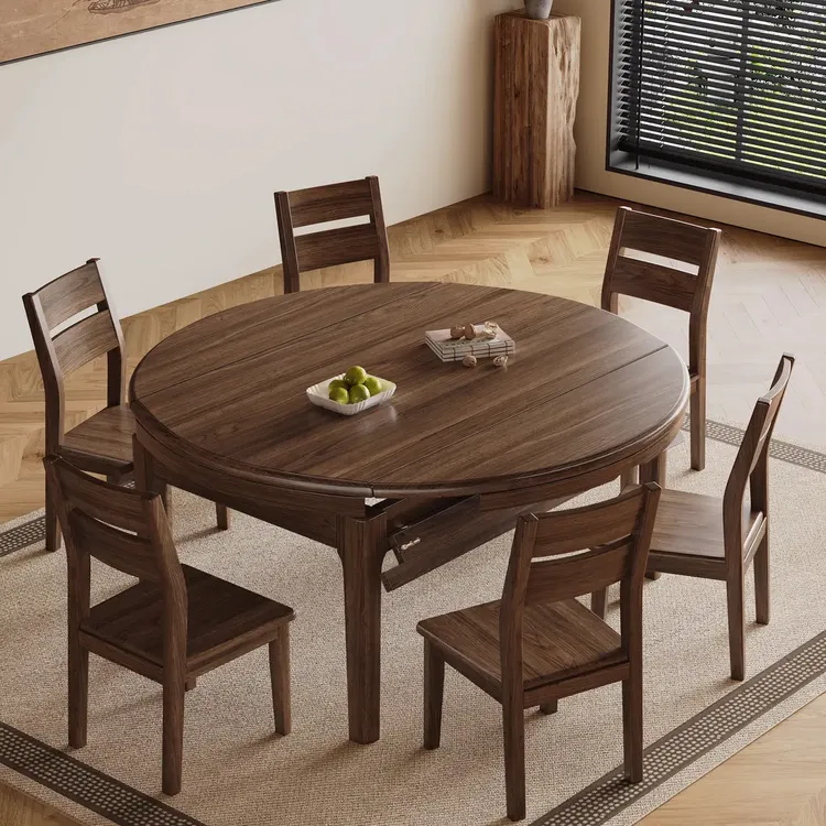 北美黑胡桃木实木餐桌椅组合家用小户型饭桌伸缩折叠方桌可变圆桌