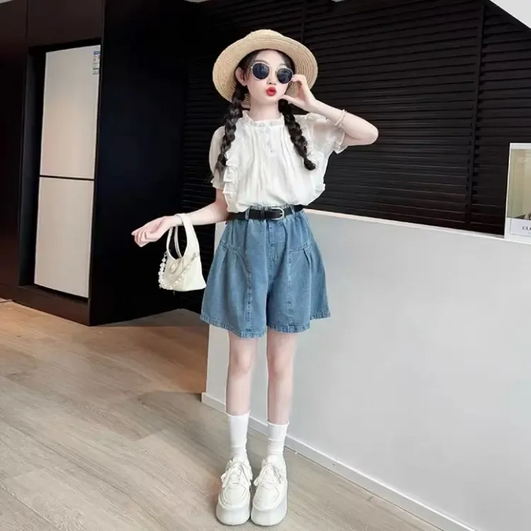 女童夏装套装25新款韩系洋气娃娃衫短袖上衣中大童牛仔五分短裤子